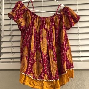 Pink and mustard off the shoulder summer top